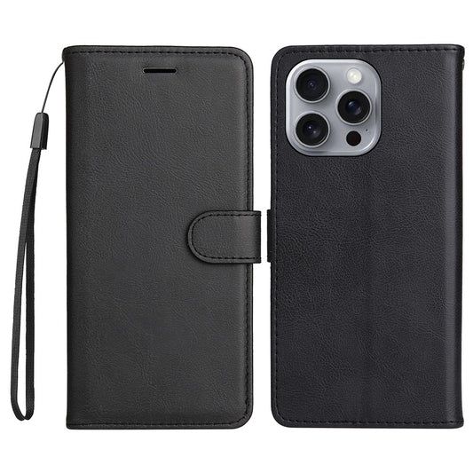 For iPhone 16 Pro Max Case Solid Color Leather Mobile Cover Wallet Stand with Strap