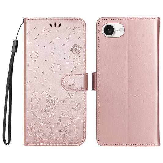 For iPhone 17e / 16e Leather Case Cat Bee Pattern Phone Cover Wallet Stand with Strap