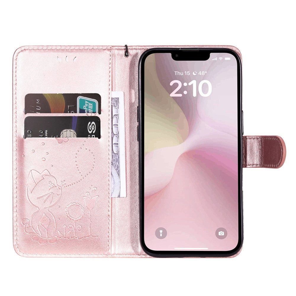 For iPhone 17e / 16e Leather Case Cat Bee Pattern Phone Cover Wallet Stand with Strap