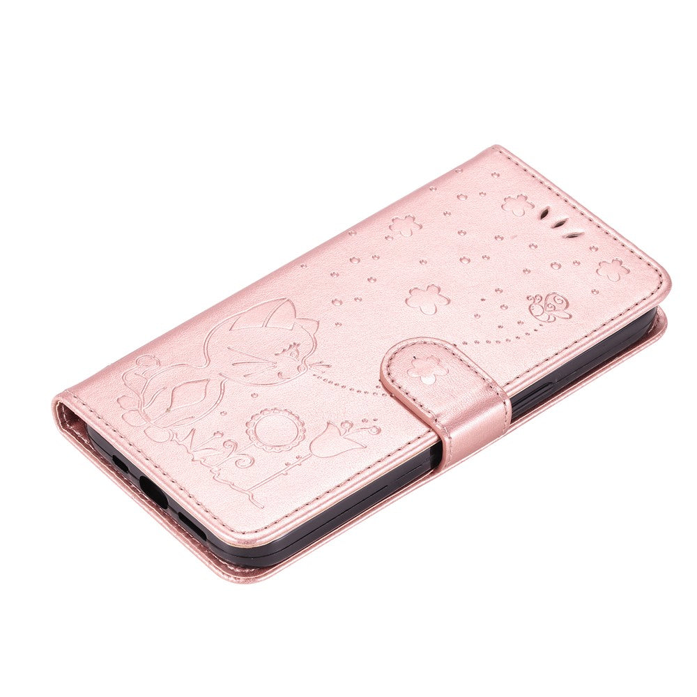 For iPhone 17e / 16e Leather Case Cat Bee Pattern Phone Cover Wallet Stand with Strap