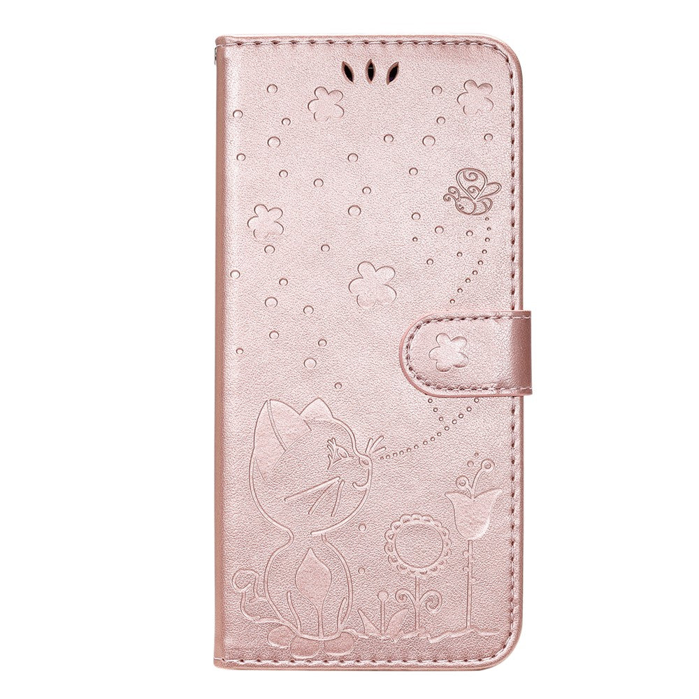 For iPhone 17e / 16e Leather Case Cat Bee Pattern Phone Cover Wallet Stand with Strap