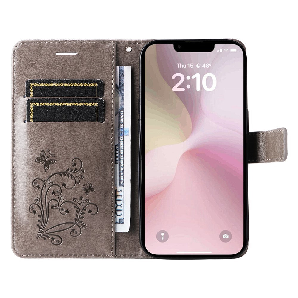 For iPhone 17e / 16e Wallet Case Floral Butterfly Imprinted Leather Phone Cover Stand