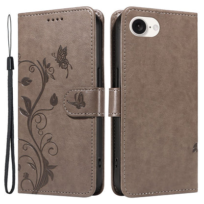 For iPhone 17e / 16e PU Leather Cases Flower Pattern Wallet Stand Phone Cover with Strap