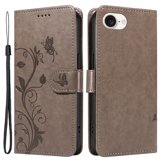 For iPhone 17e / 16e PU Leather Cases Flower Pattern Wallet Stand Phone Cover with Strap