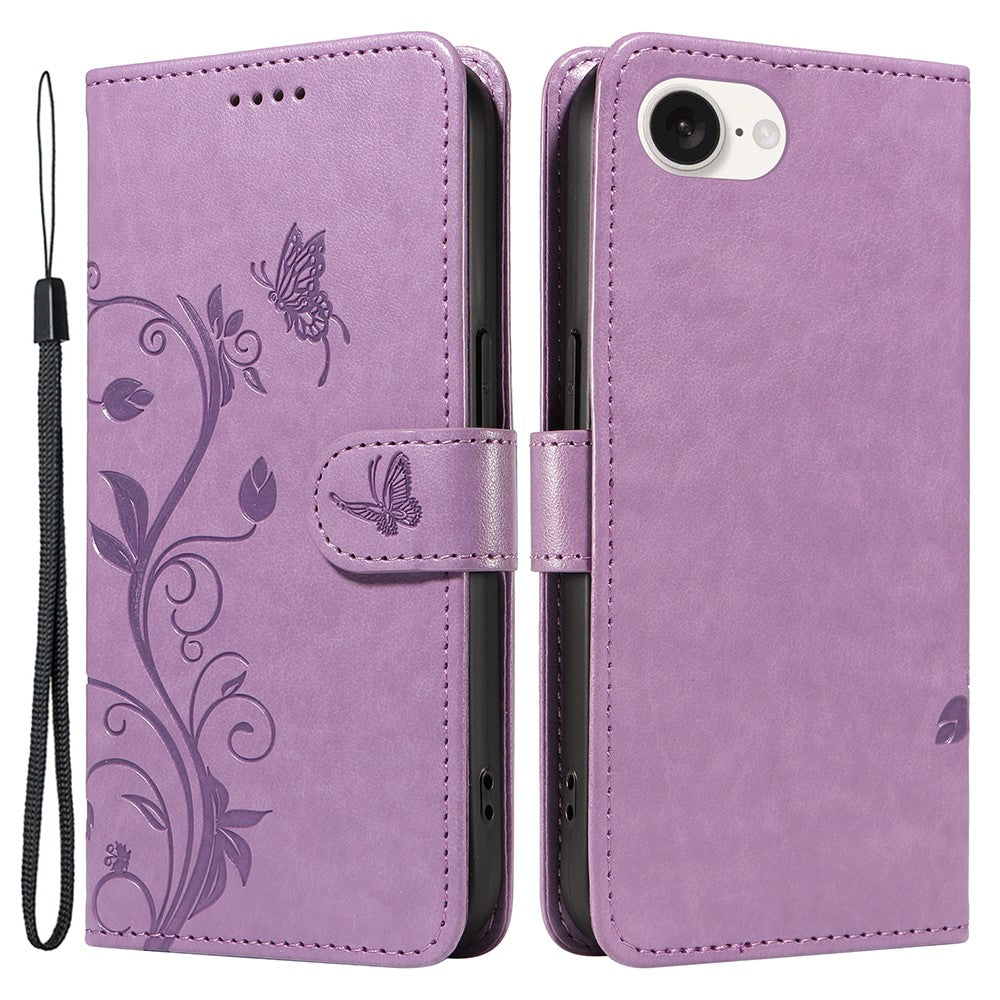 For iPhone 17e / 16e PU Leather Cases Flower Pattern Wallet Stand Phone Cover with Strap