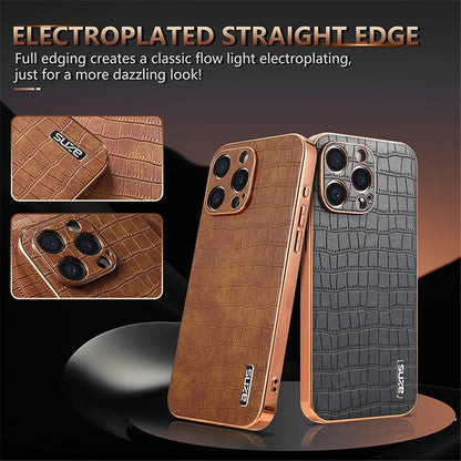 AZNS For iPhone 15 Pro Case Crocodile Texture Leather+TPU Phone Cover Electroplating Edge