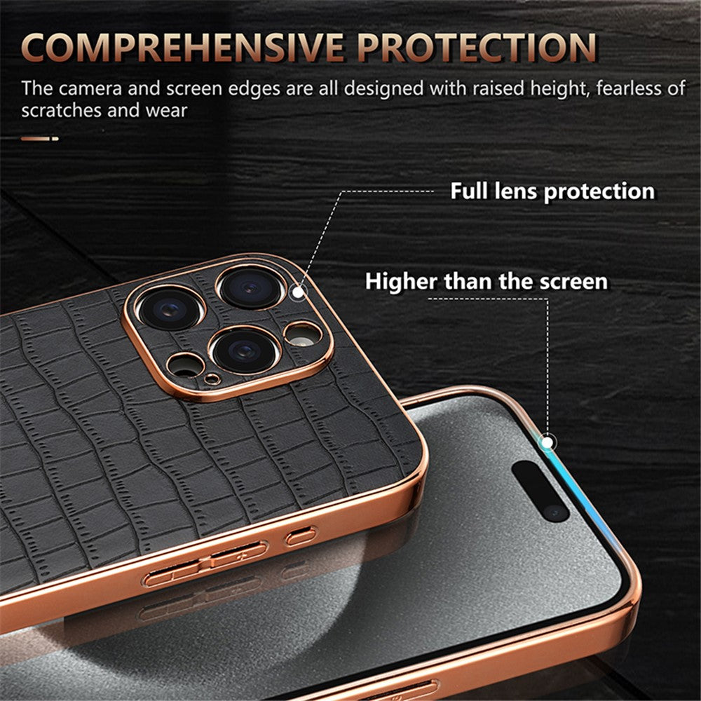 AZNS For iPhone 15 Pro Case Crocodile Texture Leather+TPU Phone Cover Electroplating Edge