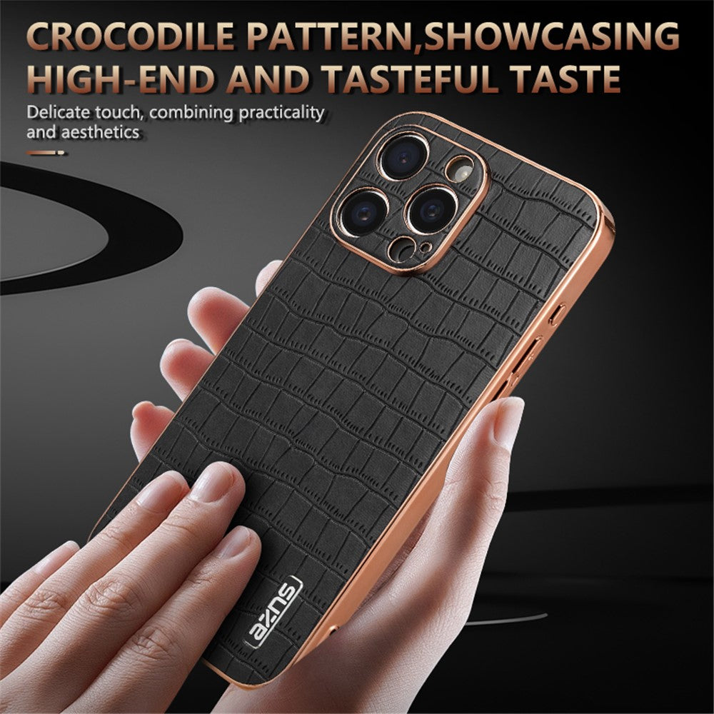 AZNS For iPhone 15 Pro Case Crocodile Texture Leather+TPU Phone Cover Electroplating Edge