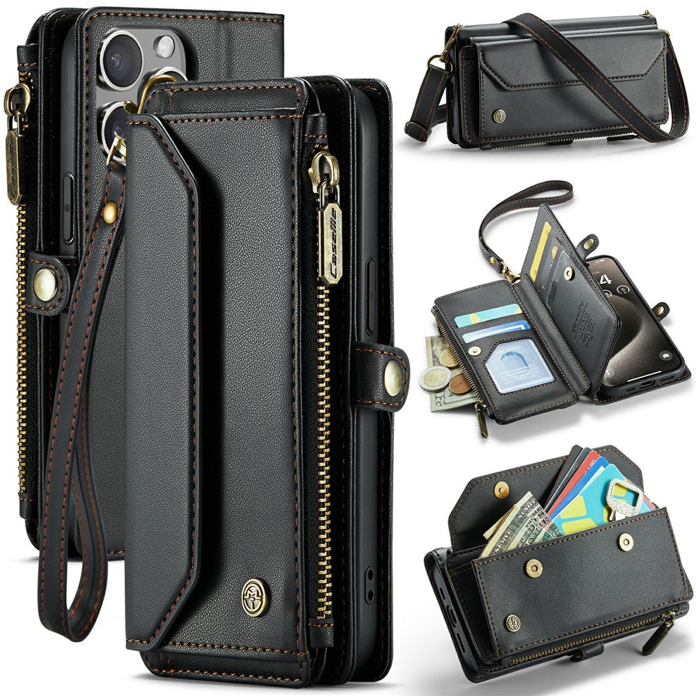 For iPhone 15 Pro Leather Case CASEME C36 Zipper Multiple Card Slots Phone Cover with Straps