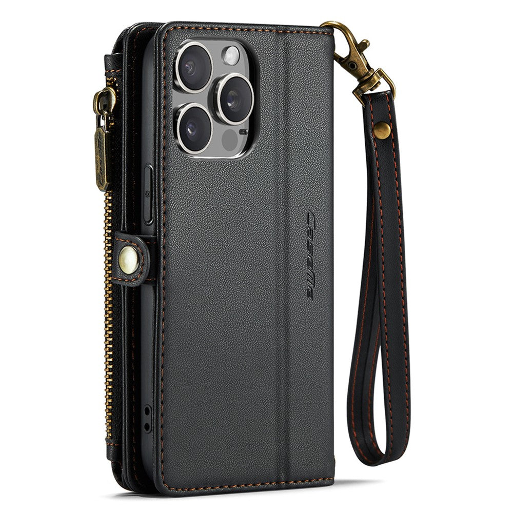 For iPhone 15 Pro Leather Case CASEME C36 Zipper Multiple Card Slots Phone Cover with Straps