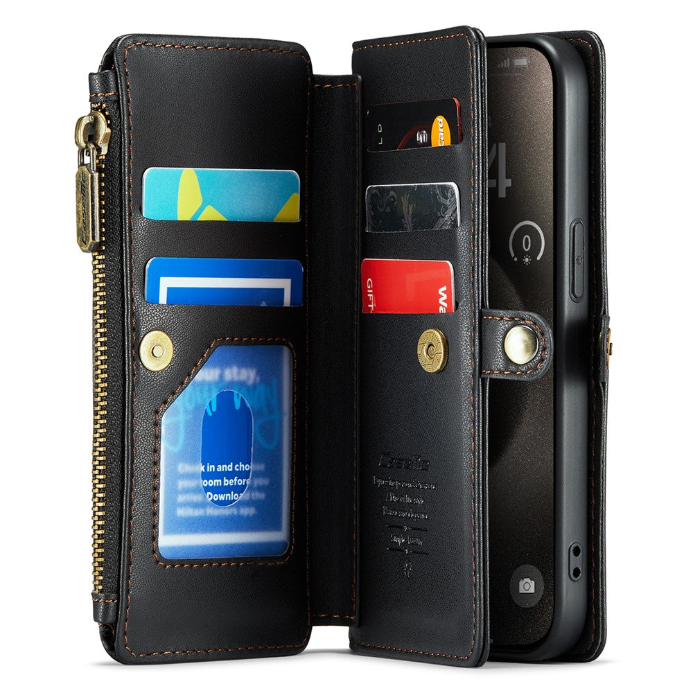 For iPhone 15 Pro Leather Case CASEME C36 Zipper Multiple Card Slots Phone Cover with Straps