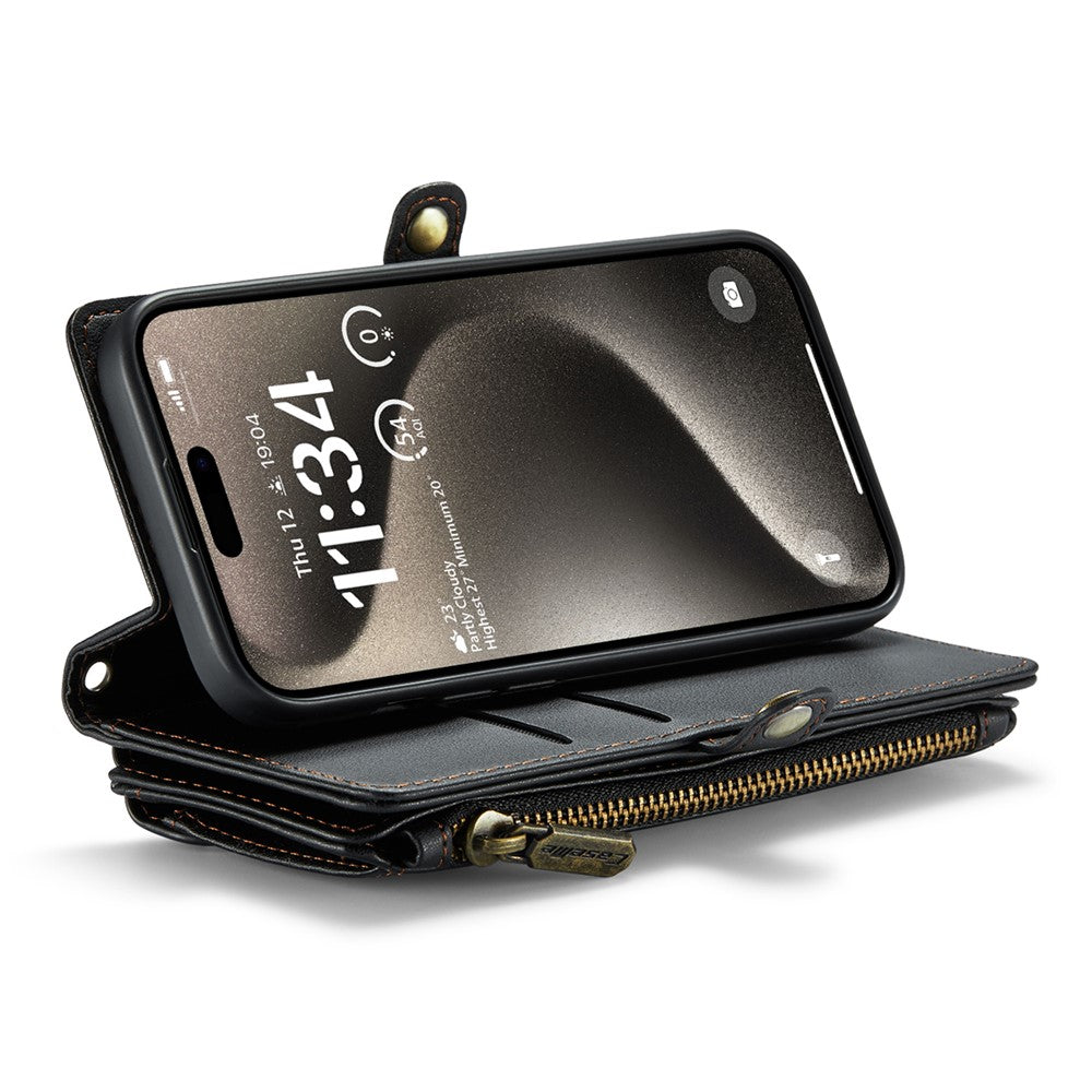 For iPhone 15 Pro Leather Case CASEME C36 Zipper Multiple Card Slots Phone Cover with Straps