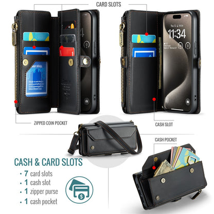 For iPhone 15 Pro Leather Case CASEME C36 Zipper Multiple Card Slots Phone Cover with Straps