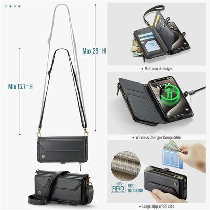 For iPhone 15 Pro Leather Case CASEME C36 Zipper Multiple Card Slots Phone Cover with Straps