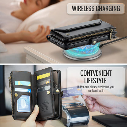 For iPhone 15 Pro Leather Case CASEME C36 Zipper Multiple Card Slots Phone Cover with Straps
