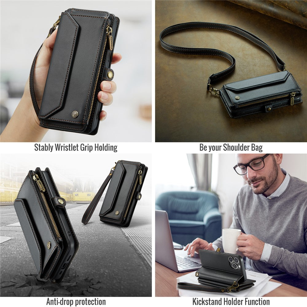 For iPhone 15 Pro Leather Case CASEME C36 Zipper Multiple Card Slots Phone Cover with Straps