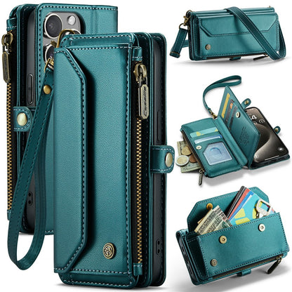 For iPhone 15 Pro Leather Case CASEME C36 Zipper Multiple Card Slots Phone Cover with Straps