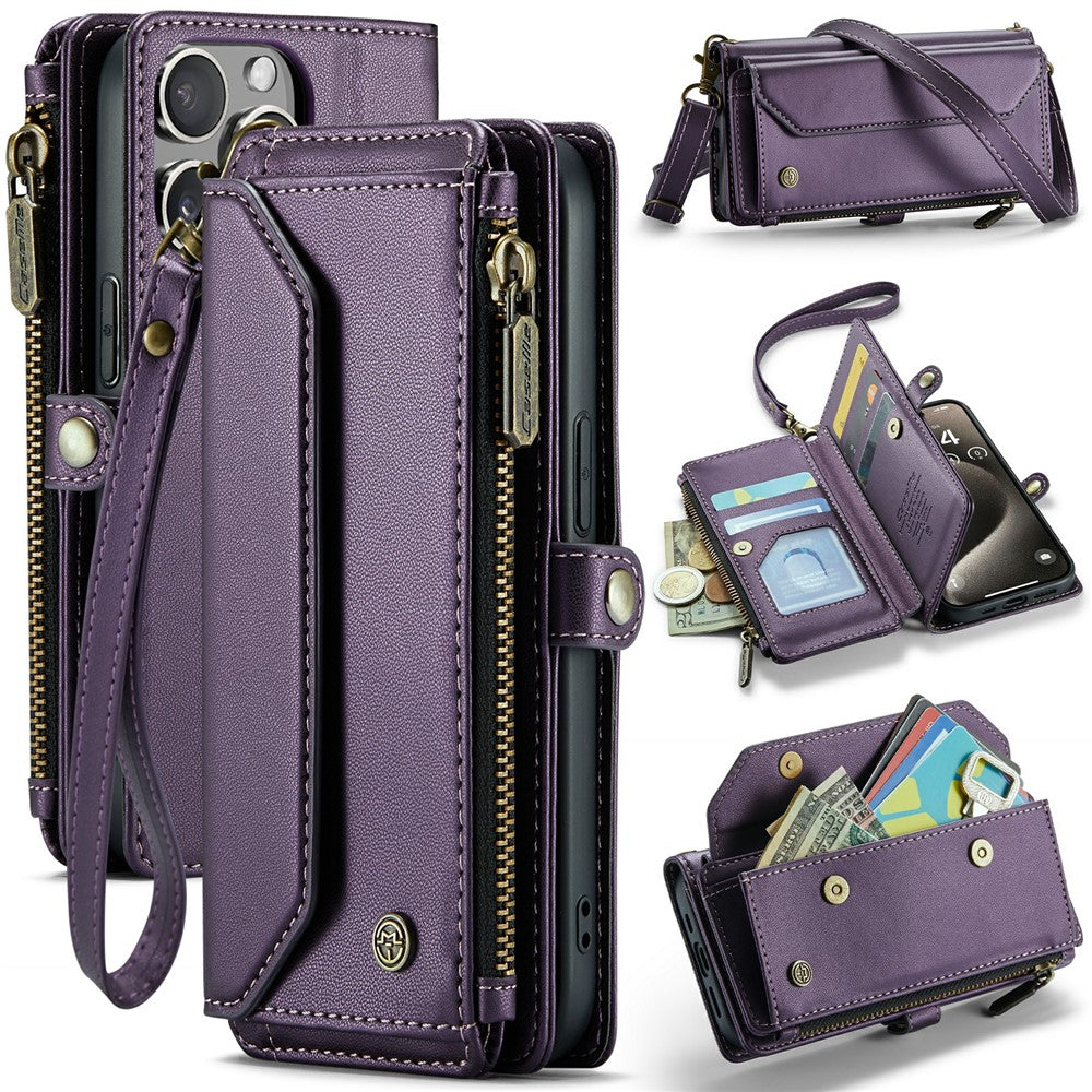 For iPhone 15 Pro Leather Case CASEME C36 Zipper Multiple Card Slots Phone Cover with Straps