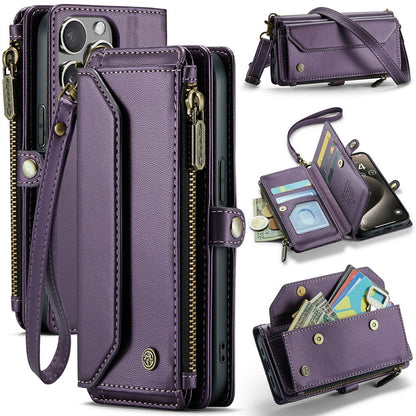 For iPhone 15 Pro Leather Case CASEME C36 Zipper Multiple Card Slots Phone Cover with Straps