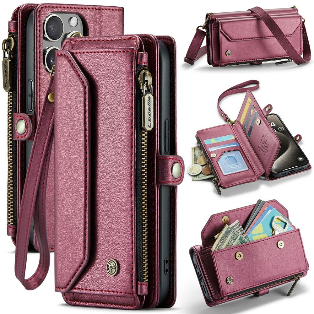 For iPhone 15 Pro Leather Case CASEME C36 Zipper Multiple Card Slots Phone Cover with Straps