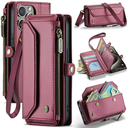 For iPhone 15 Pro Leather Case CASEME C36 Zipper Multiple Card Slots Phone Cover with Straps