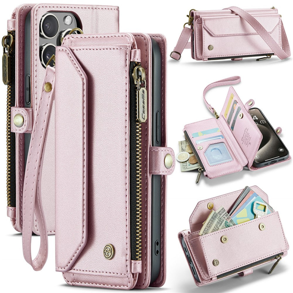 For iPhone 15 Pro Leather Case CASEME C36 Zipper Multiple Card Slots Phone Cover with Straps