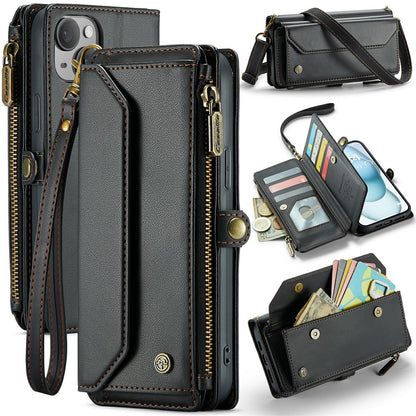 For iPhone 15 Plus Leather Case CASEME C36 Zipper Multiple Card Slots Phone Cover with Straps
