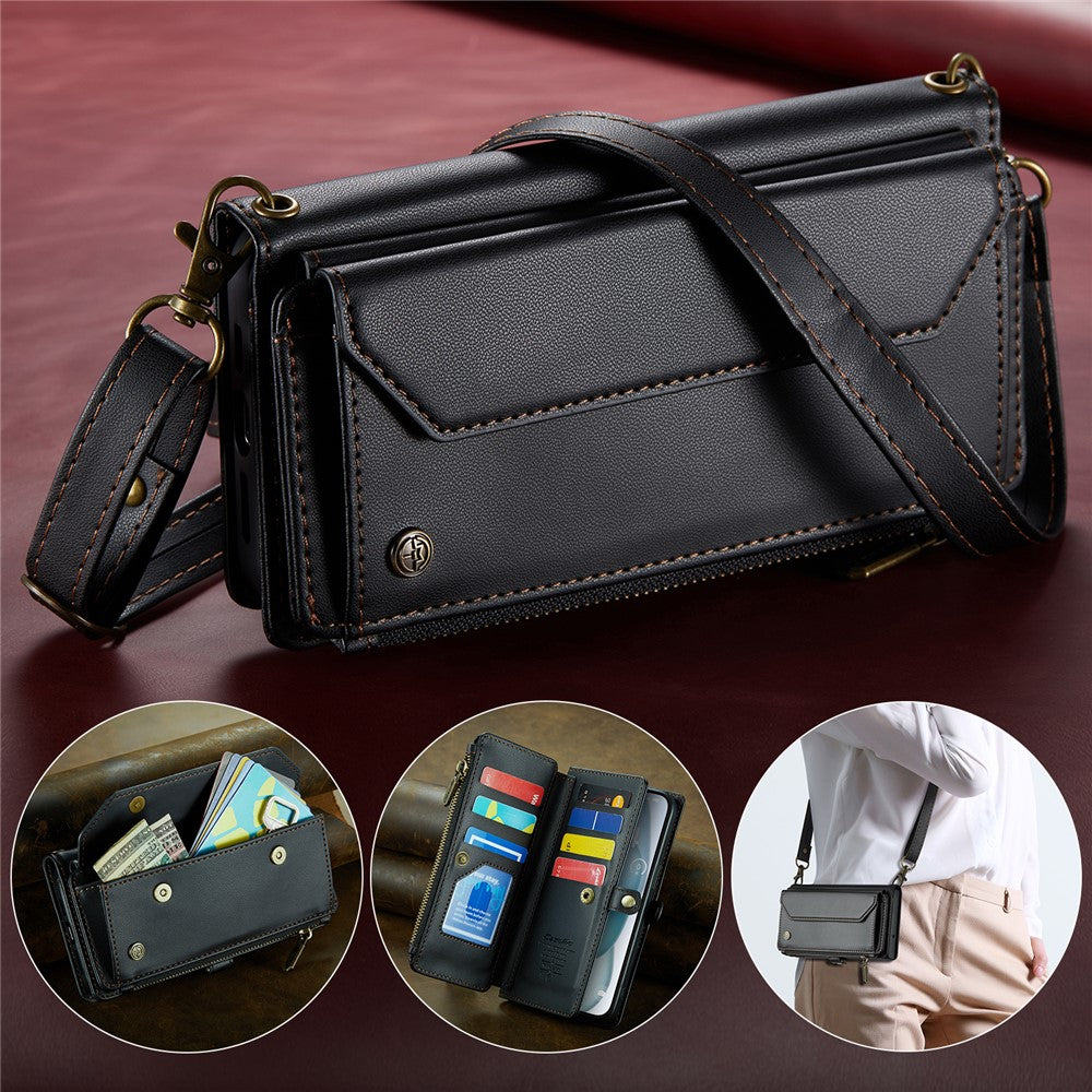 For iPhone 15 Plus Leather Case CASEME C36 Zipper Multiple Card Slots Phone Cover with Straps