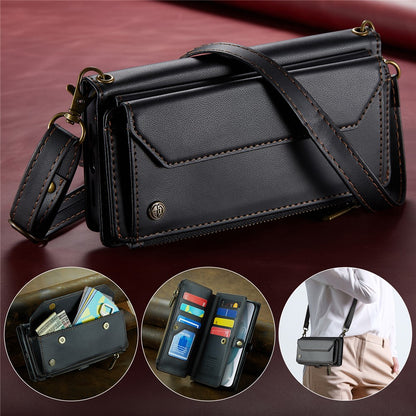 For iPhone 15 Plus Leather Case CASEME C36 Zipper Multiple Card Slots Phone Cover with Straps