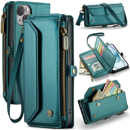For iPhone 15 Plus Leather Case CASEME C36 Zipper Multiple Card Slots Phone Cover with Straps