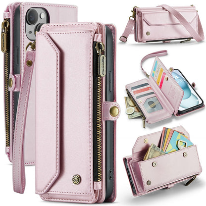 For iPhone 15 Plus Leather Case CASEME C36 Zipper Multiple Card Slots Phone Cover with Straps