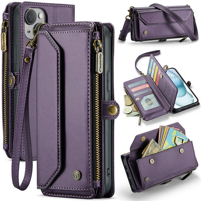 For iPhone 15 Plus Leather Case CASEME C36 Zipper Multiple Card Slots Phone Cover with Straps