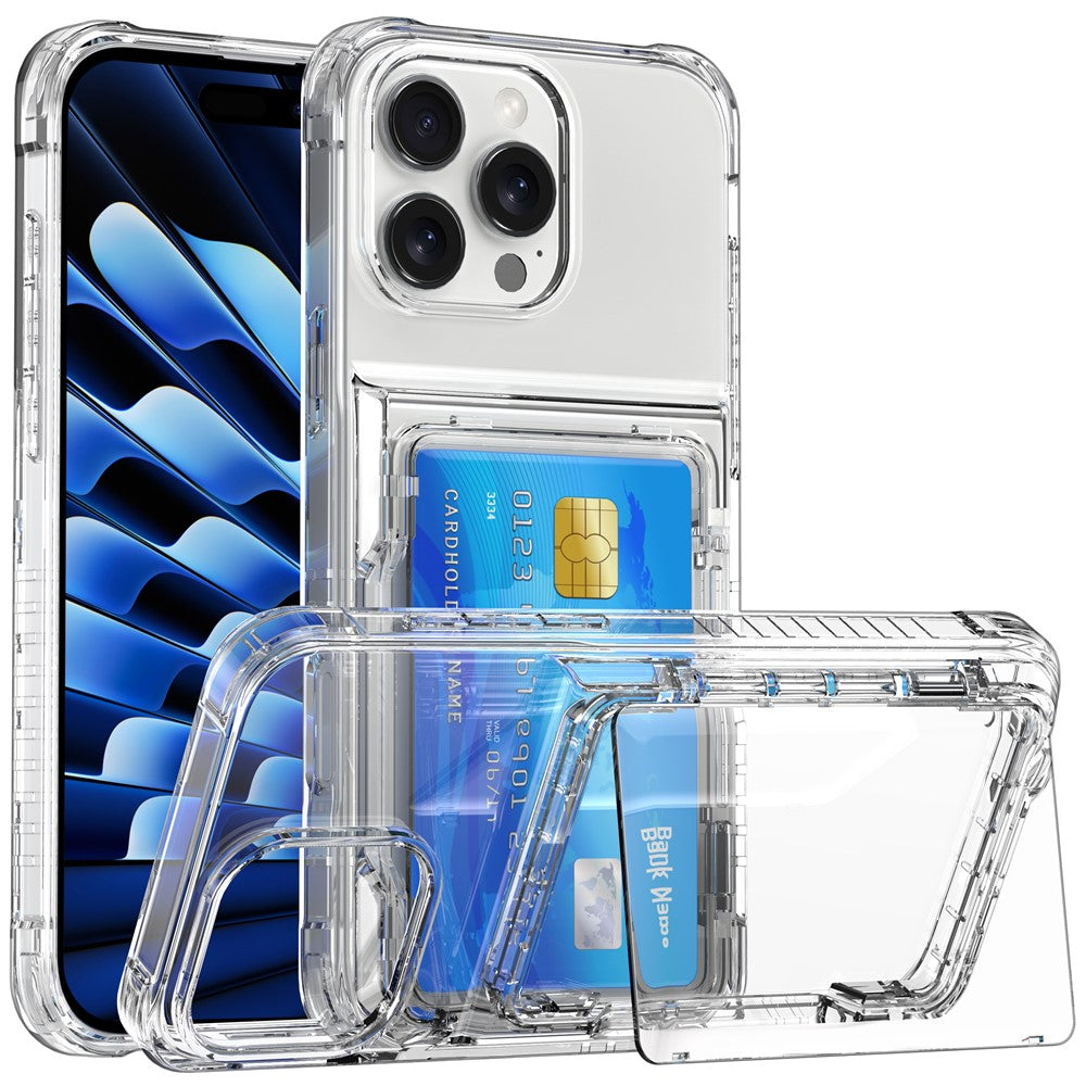 For iPhone 16 Pro Clear Case Kickstand Card Holder PC+TPU Phone Cover