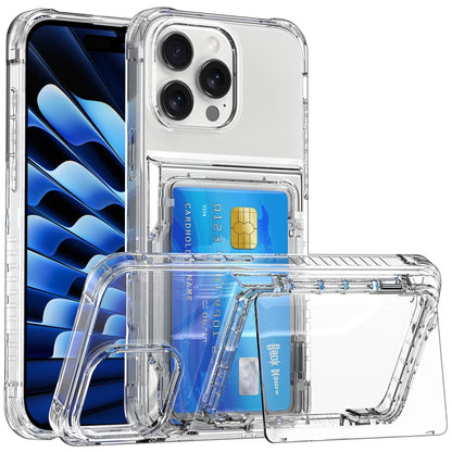 For iPhone 16 Pro Clear Case Kickstand Card Holder PC+TPU Phone Cover