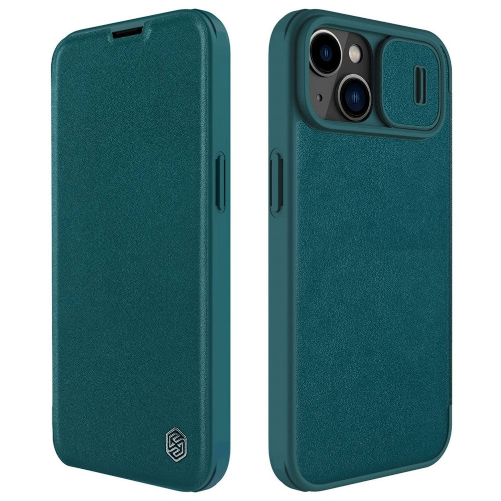 NILLKIN Qin Pro Series for iPhone 14 Plus Cloth Texture Phone Case with Sliding Lens Protection Cover PU Leather Anti-scratch Shell Card Holder