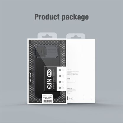 NILLKIN Qin Pro Series for iPhone 14 Plus Cloth Texture Phone Case with Sliding Lens Protection Cover PU Leather Anti-scratch Shell Card Holder