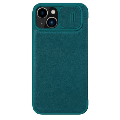 NILLKIN Qin Pro Series for iPhone 14 Plus Cloth Texture Phone Case with Sliding Lens Protection Cover PU Leather Anti-scratch Shell Card Holder