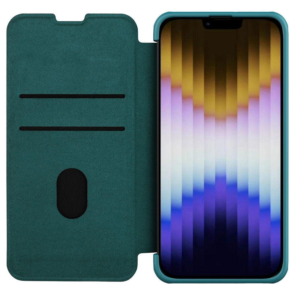 NILLKIN Qin Pro Series for iPhone 14 Plus Cloth Texture Phone Case with Sliding Lens Protection Cover PU Leather Anti-scratch Shell Card Holder