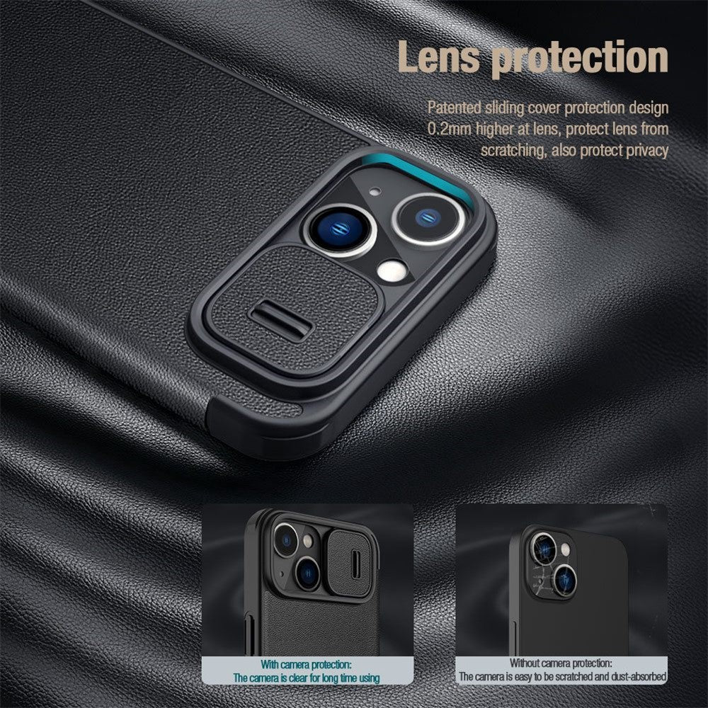 NILLKIN Qin Pro Series for iPhone 14 Plus Cloth Texture Phone Case with Sliding Lens Protection Cover PU Leather Anti-scratch Shell Card Holder