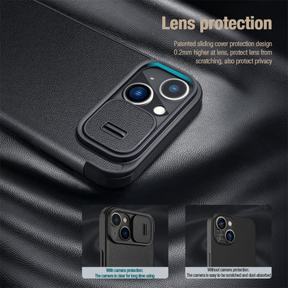 NILLKIN Qin Pro Series for iPhone 14 Plus Cloth Texture Phone Case with Sliding Lens Protection Cover PU Leather Anti-scratch Shell Card Holder