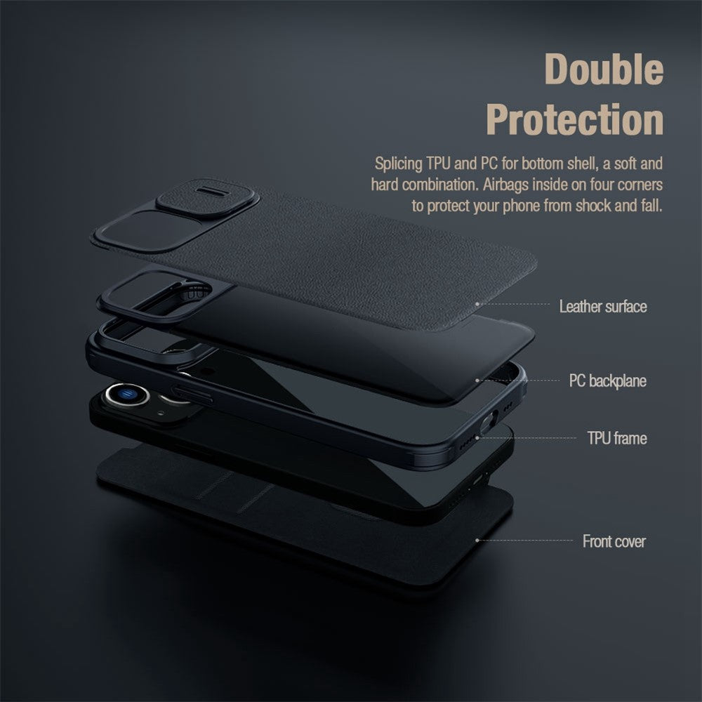 NILLKIN Qin Pro Series for iPhone 14 Plus Cloth Texture Phone Case with Sliding Lens Protection Cover PU Leather Anti-scratch Shell Card Holder