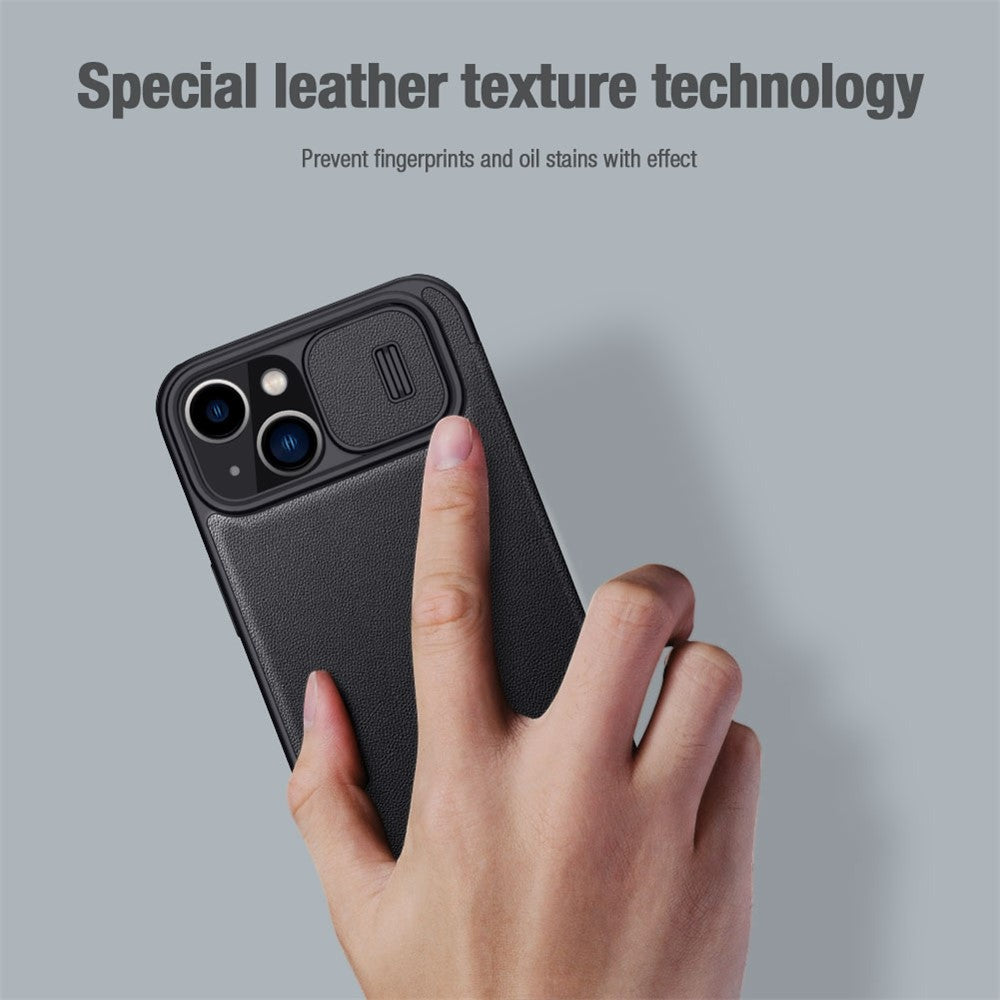 NILLKIN Qin Pro Series for iPhone 14 Plus Cloth Texture Phone Case with Sliding Lens Protection Cover PU Leather Anti-scratch Shell Card Holder