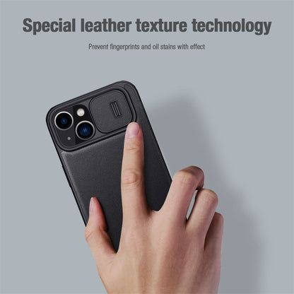 NILLKIN Qin Pro Series for iPhone 14 Plus Cloth Texture Phone Case with Sliding Lens Protection Cover PU Leather Anti-scratch Shell Card Holder