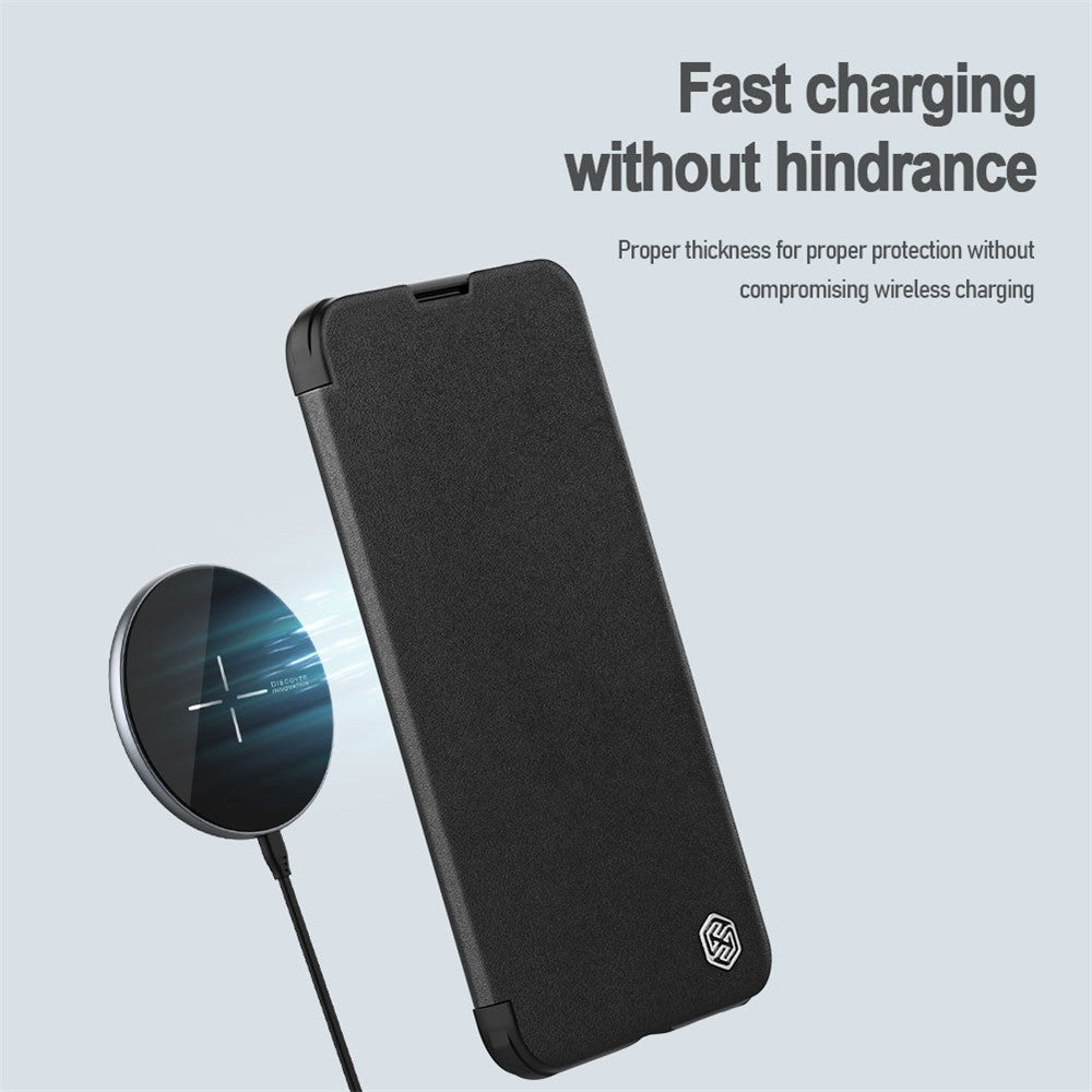 NILLKIN Qin Pro Series for iPhone 14 Plus Cloth Texture Phone Case with Sliding Lens Protection Cover PU Leather Anti-scratch Shell Card Holder