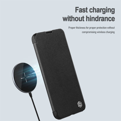 NILLKIN Qin Pro Series for iPhone 14 Plus Cloth Texture Phone Case with Sliding Lens Protection Cover PU Leather Anti-scratch Shell Card Holder