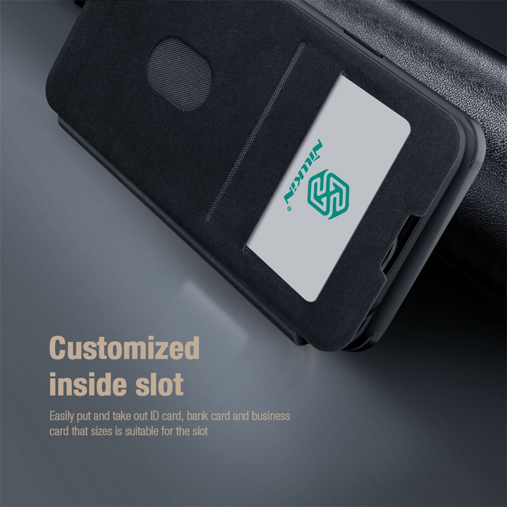 NILLKIN Qin Pro Series for iPhone 14 Plus Cloth Texture Phone Case with Sliding Lens Protection Cover PU Leather Anti-scratch Shell Card Holder