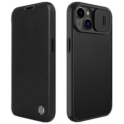 NILLKIN Qin Pro Series for iPhone 14 Plus Cloth Texture Phone Case with Sliding Lens Protection Cover PU Leather Anti-scratch Shell Card Holder