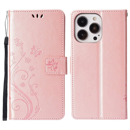 For iPhone 16 Pro Max Case Leather Phone Cover Butterfly Flower Pattern