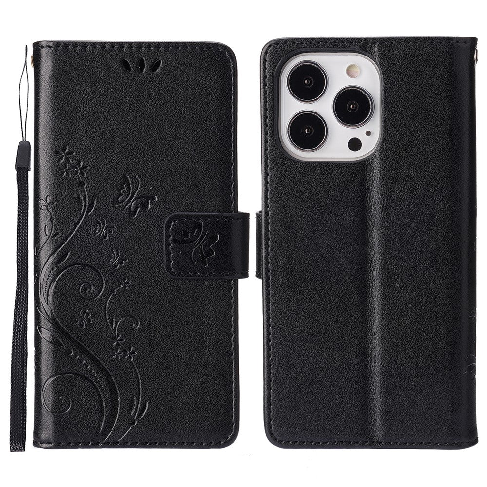 For iPhone 16 Pro Max Case Leather Phone Cover Butterfly Flower Pattern