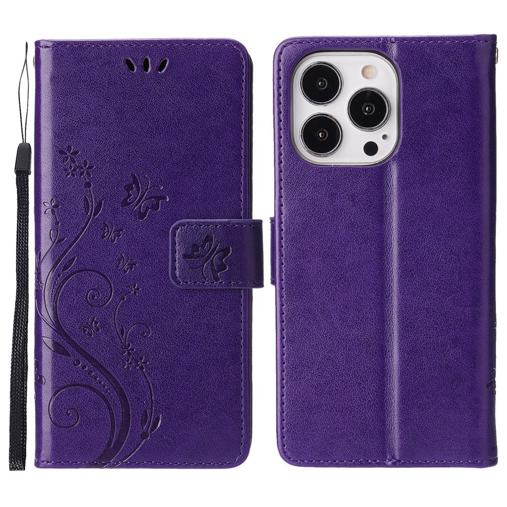 For iPhone 16 Pro Max Case Leather Phone Cover Butterfly Flower Pattern